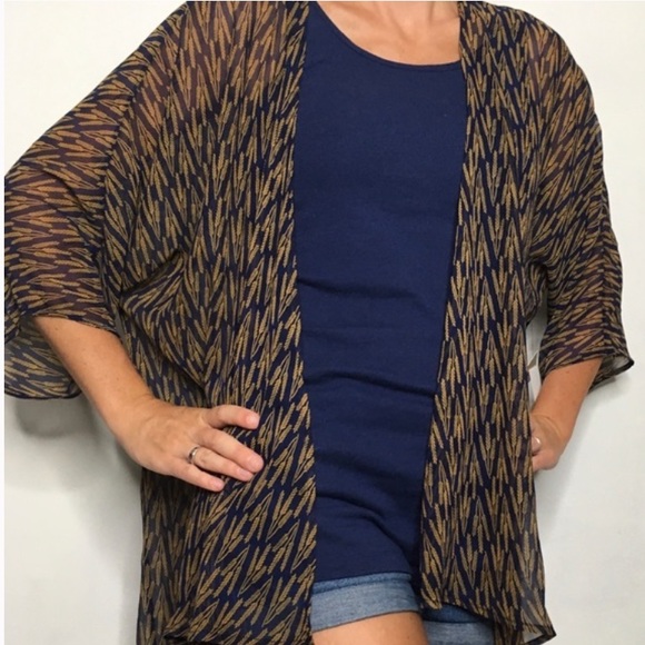 Lularoe Lindsay kimono blue gold wheat chiffon - Picture 14 of 14